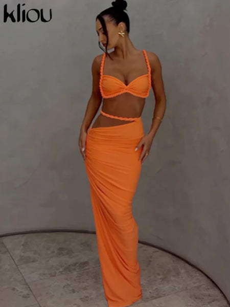 Woven Sexy Women 2 Piece Set Stunning Hot Solid Pleated Crop Camisoles High Waist Maxi Skirt