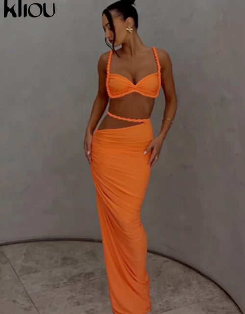 Load image into Gallery viewer, Woven Sexy Women 2 Piece Set Stunning Hot Solid Pleated Crop Camisoles High Waist Maxi Skirt
