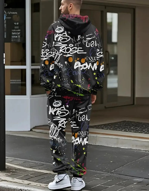 Load image into Gallery viewer, Men's hoodie set features a casual fashionable and comfortable 3D graffiti pattern print
