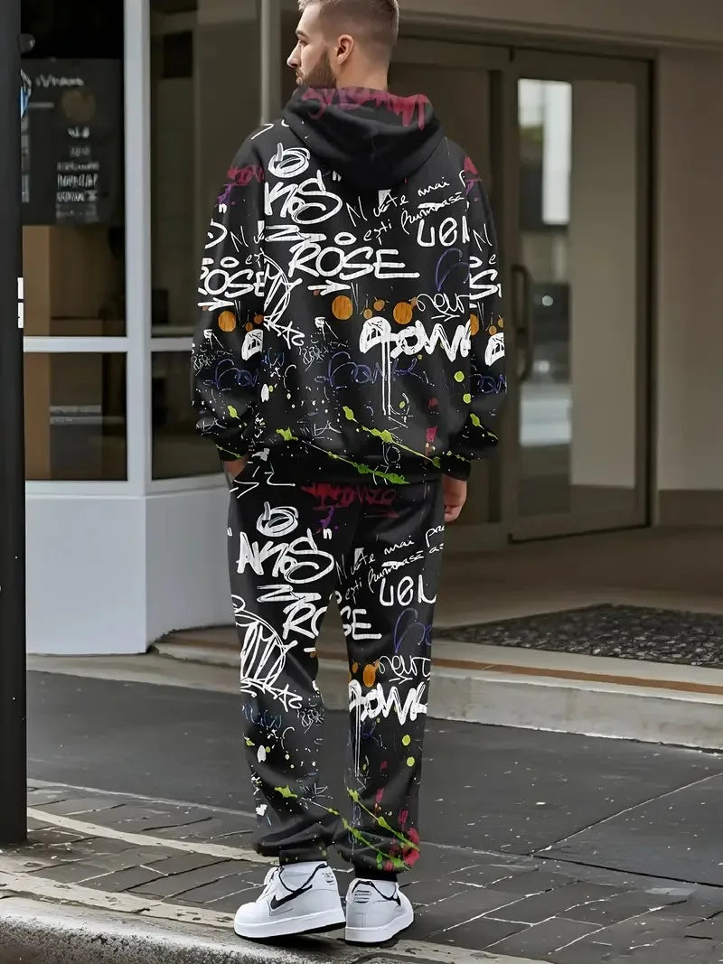 Men's hoodie set features a casual fashionable and comfortable 3D graffiti pattern print