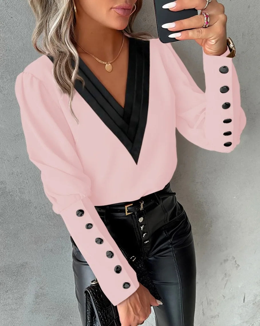 Elegant Women's V-neck Pullover Shirt Solid Color Contrasting Loose Long Sleeve Button