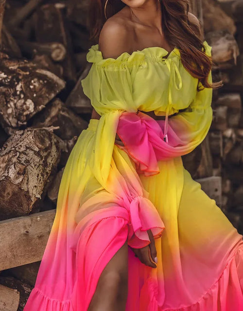 Load image into Gallery viewer, Vibrant Colors Chic Sexy Off Shoulder Ruffle Blouse and Slit Long Skirt for Women
