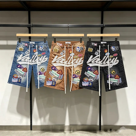2026 American VALLEY Embroidery Rhinestone Logo Patch Label Denim Shorts Men High Quality Loose Straight Short Jeans