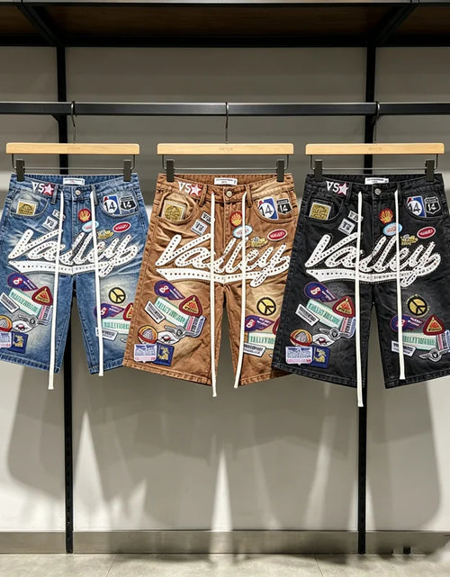 Load image into Gallery viewer, 2026 American VALLEY Embroidery Rhinestone Logo Patch Label Denim Shorts Men High Quality Loose Straight Short Jeans
