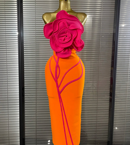 Orange Color Women's Sexy Big Florals Bodycon Dress with Shining Rhinestones Strapless Bandage Dress