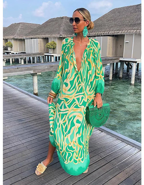 Load image into Gallery viewer, Women Sexy Deep V-Neck Maxi Dresses Bohemian Style With Lantern Sleeves  Long Dress  Vintage
