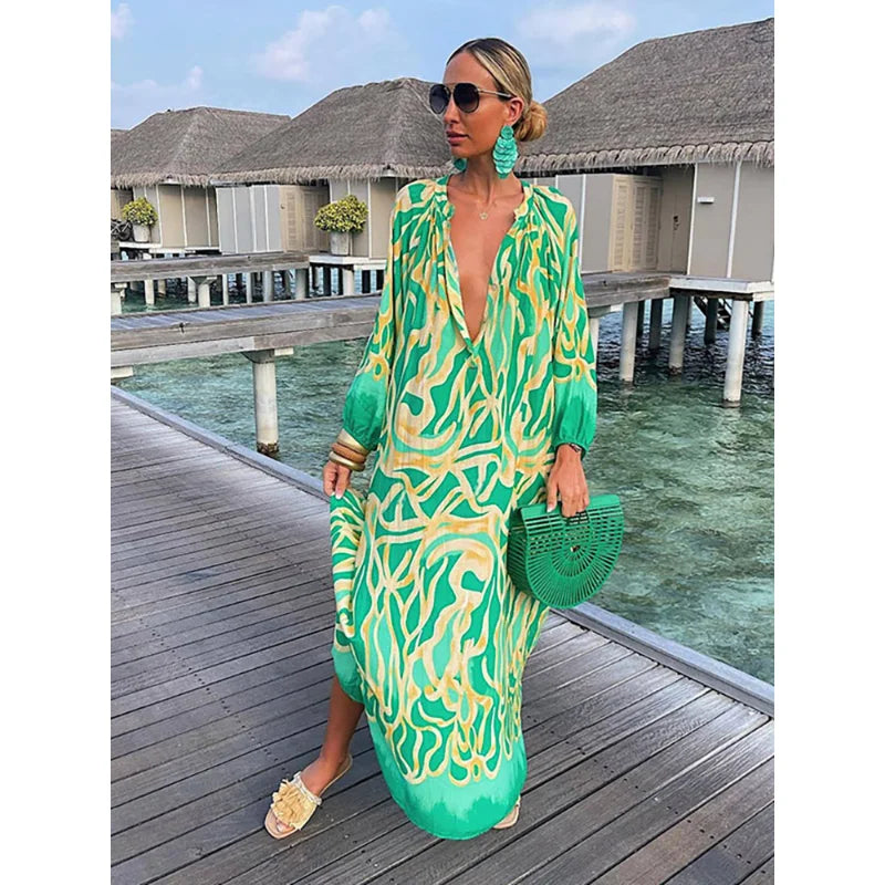 Women Sexy Deep V-Neck Maxi Dresses Bohemian Style With Lantern Sleeves  Long Dress  Vintage