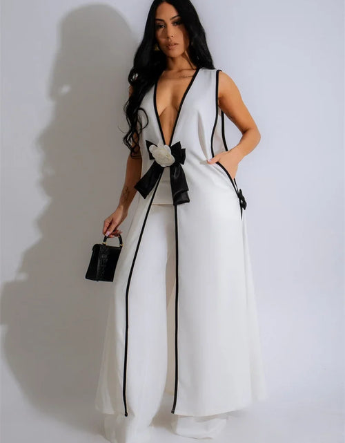 Load image into Gallery viewer, Bow Tie Appliques V-neck Sleeveless Long Top and Wide Leg Pants Matching Sets Women Two Piece Set Elegant Vintage Club Outfits
