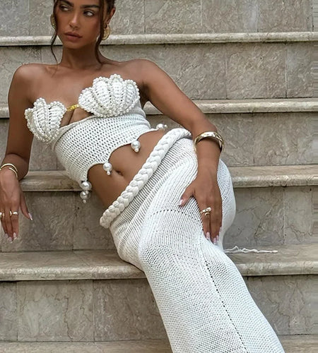 Crochet Knitted Pearl Bra Skirt Set ,Backless Hollow Out Short Top Twists Long Skirt