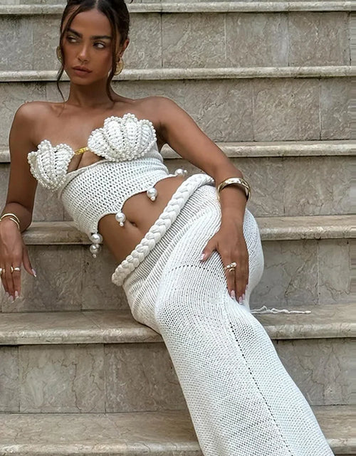 Load image into Gallery viewer, Crochet Knitted Pearl Bra Skirt Set ,Backless Hollow Out Short Top Twists Long Skirt
