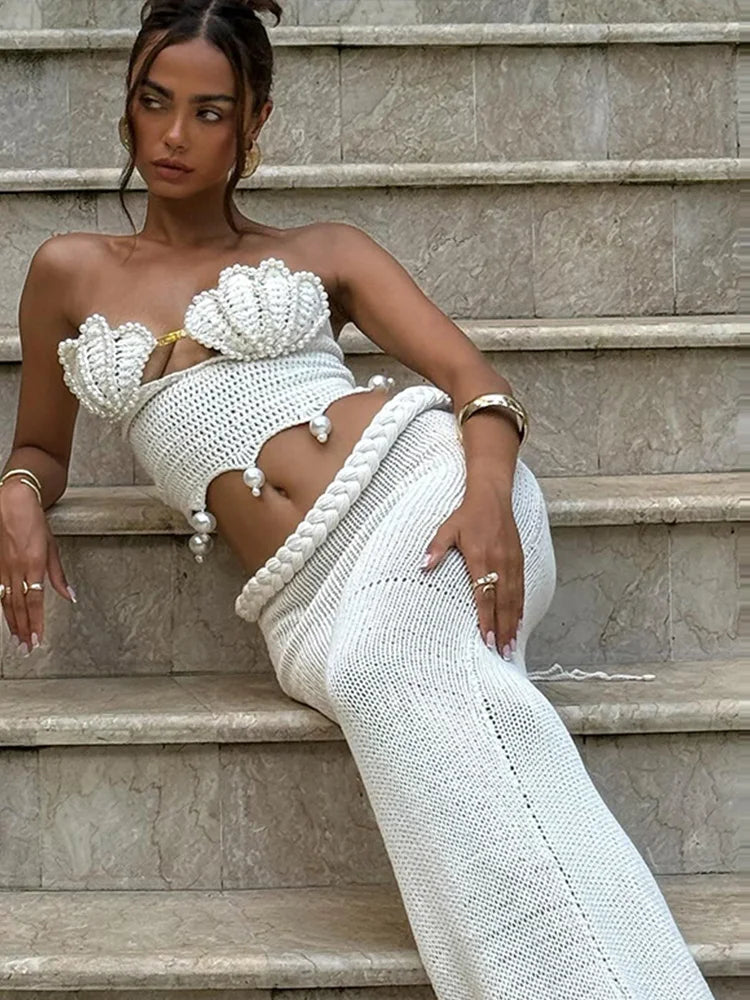Crochet Knitted Pearl Bra Skirt Set ,Backless Hollow Out Short Top Twists Long Skirt