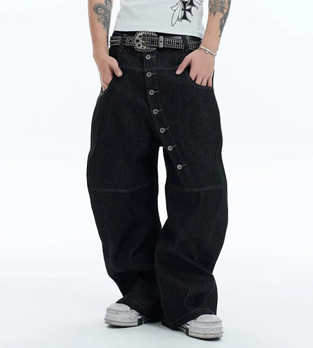 Men's High Street Buckle Curved Jeans Loose Straight Leg Black Wide Leg Casual Hip-Hop Pants Full Length Softener Mid-Waist