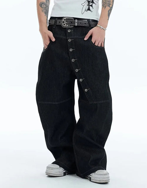 Load image into Gallery viewer, Men's High Street Buckle Curved Jeans Loose Straight Leg Black Wide Leg Casual Hip-Hop Pants Full Length Softener Mid-Waist

