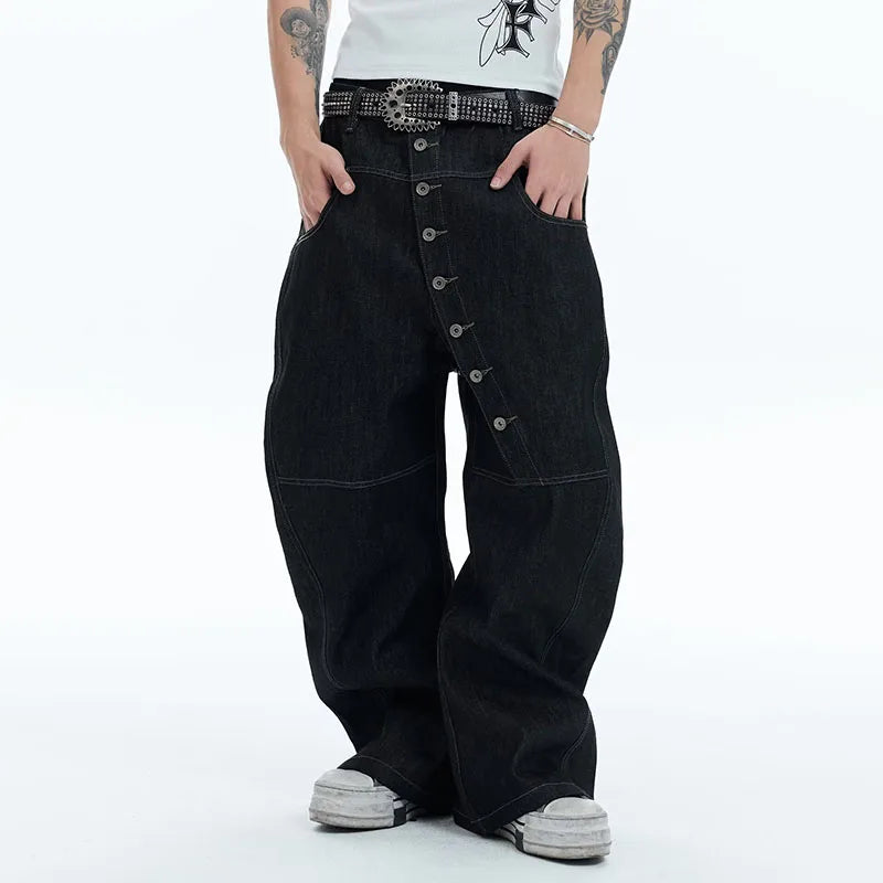Men's High Street Buckle Curved Jeans Loose Straight Leg Black Wide Leg Casual Hip-Hop Pants Full Length Softener Mid-Waist