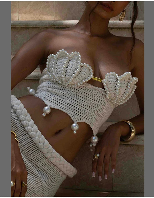 Load image into Gallery viewer, Crochet Knitted Pearl Bra Skirt Set ,Backless Hollow Out Short Top Twists Long Skirt
