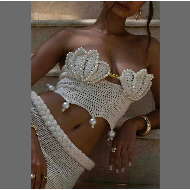 Crochet Knitted Pearl Bra Skirt Set ,Backless Hollow Out Short Top Twists Long Skirt