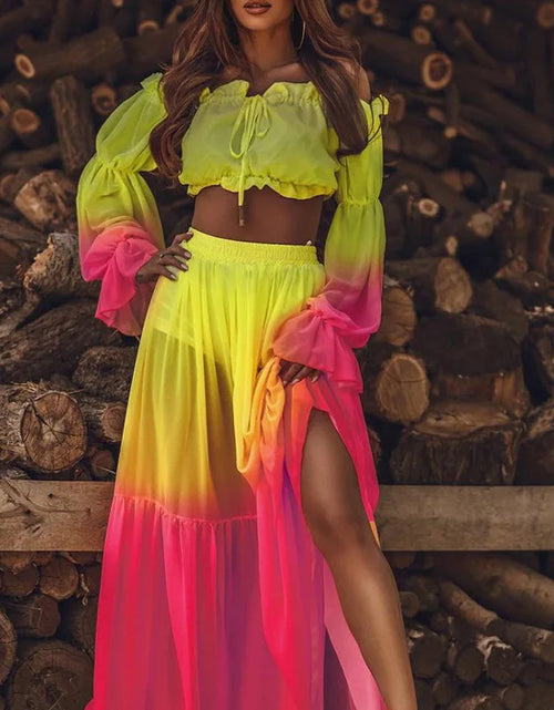 Load image into Gallery viewer, Vibrant Colors Chic Sexy Off Shoulder Ruffle Blouse and Slit Long Skirt for Women

