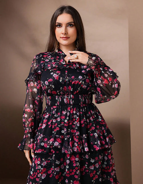 Load image into Gallery viewer, 2025 Spring Plus Size Women&#39;s Elegant Floral Print Mesh Flare Sleeve Dress

