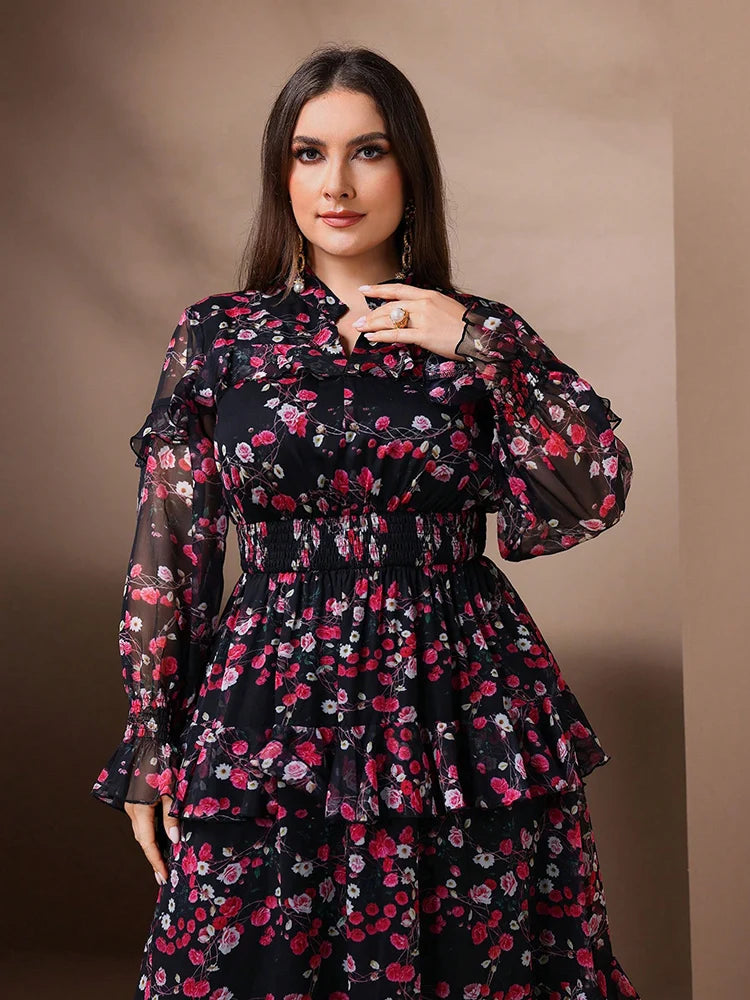 2025 Spring Plus Size Women's Elegant Floral Print Mesh Flare Sleeve Dress