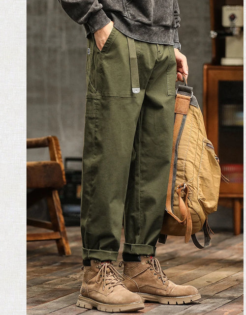 Load image into Gallery viewer, Men's Loose Fit Cargo Trousers Army Green Casual Vintage Style Zip Fly Full Length Pants Midweight Cotton Elastic Waist
