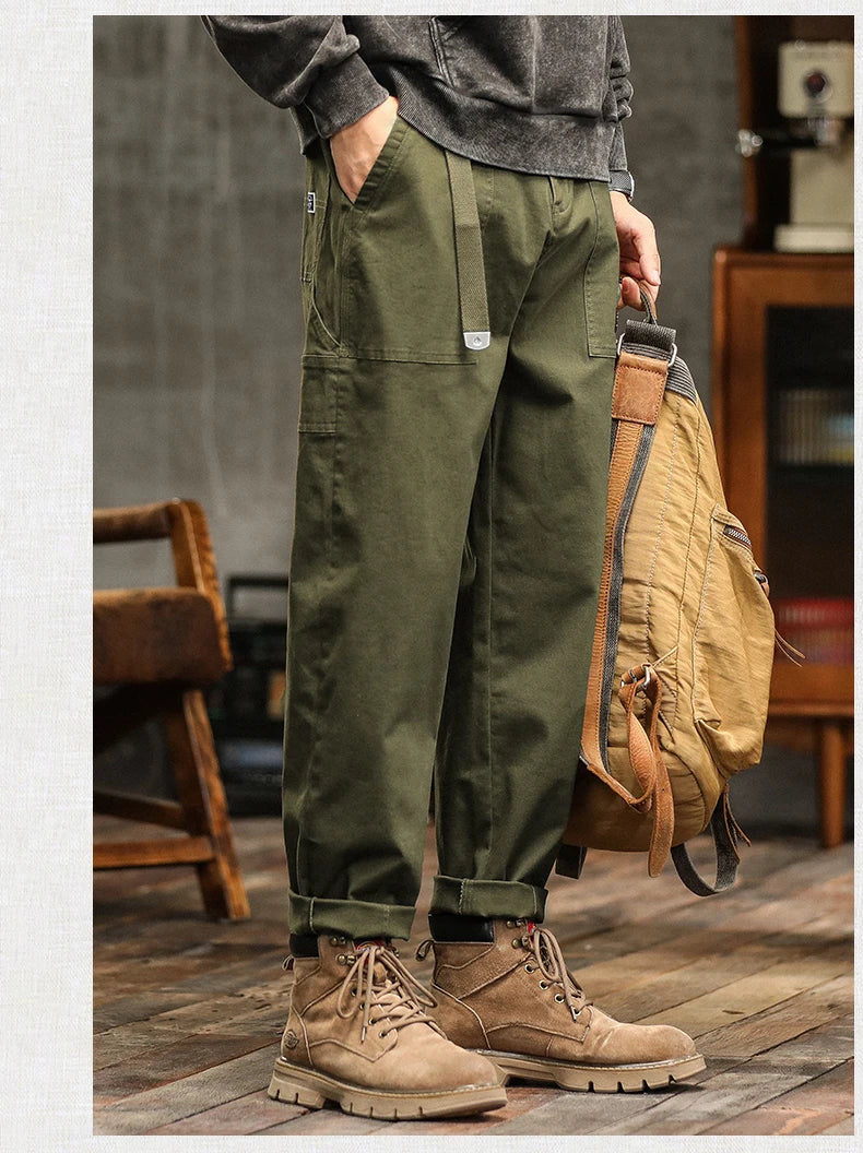 Men's Loose Fit Cargo Trousers Army Green Casual Vintage Style Zip Fly Full Length Pants Midweight Cotton Elastic Waist