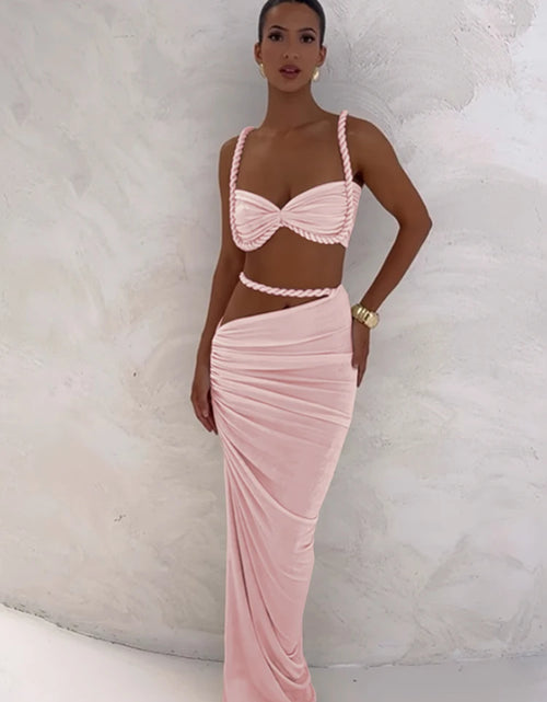 Load image into Gallery viewer, Woven Sexy Women 2 Piece Set Stunning Hot Solid Pleated Crop Camisoles High Waist Maxi Skirt
