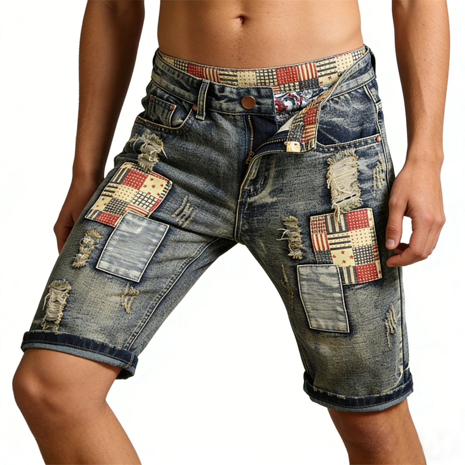 2026 New style Men's summer casual fashion vintage washed denim shorts trendy ripped patchwork vintage style