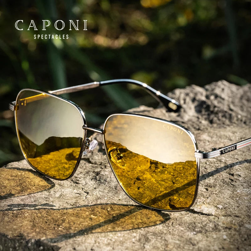 CAPONI Day Night Vision Sunglasses For Men Photochromic Brown Driving Yellow Sun Glasses Original Design UV400 Eyewear