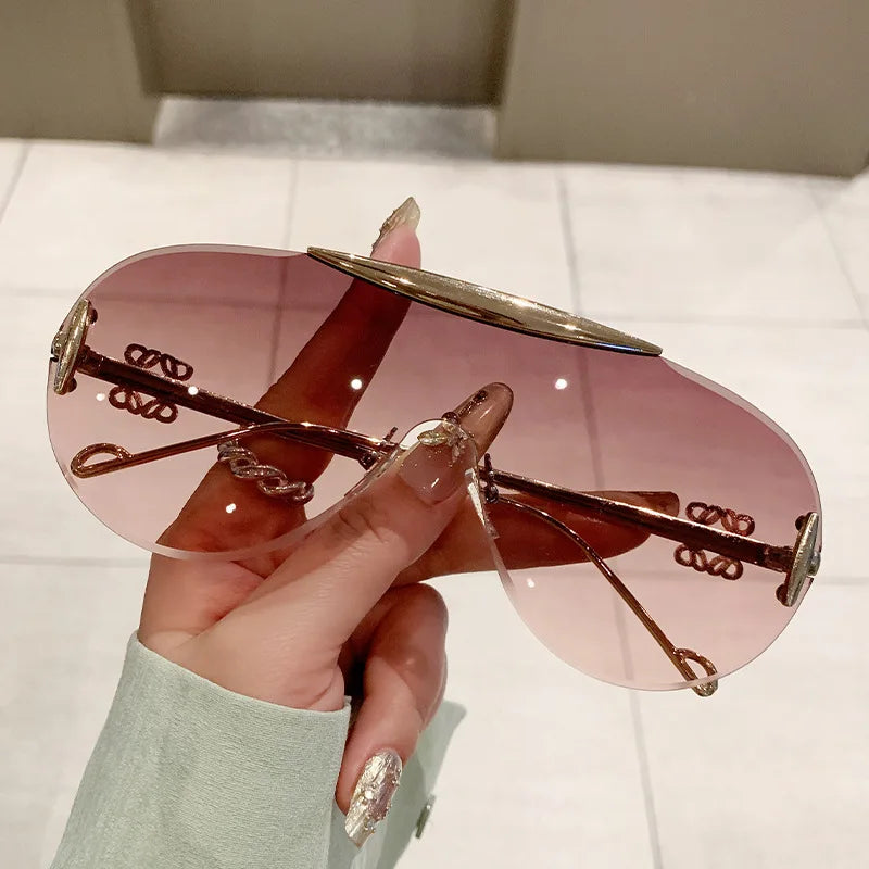 Women's Oversize Rimless One Piece Shield Sunglasses Gradient UV400 Fashion Alloy Frame Casual Shades Y2K Style