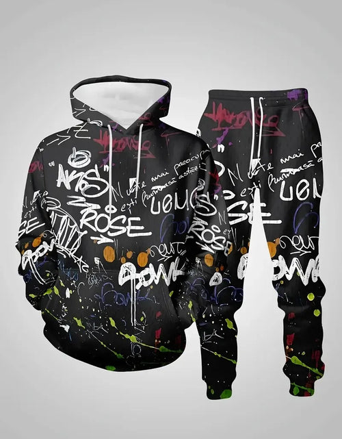 Load image into Gallery viewer, Men's hoodie set features a casual fashionable and comfortable 3D graffiti pattern print

