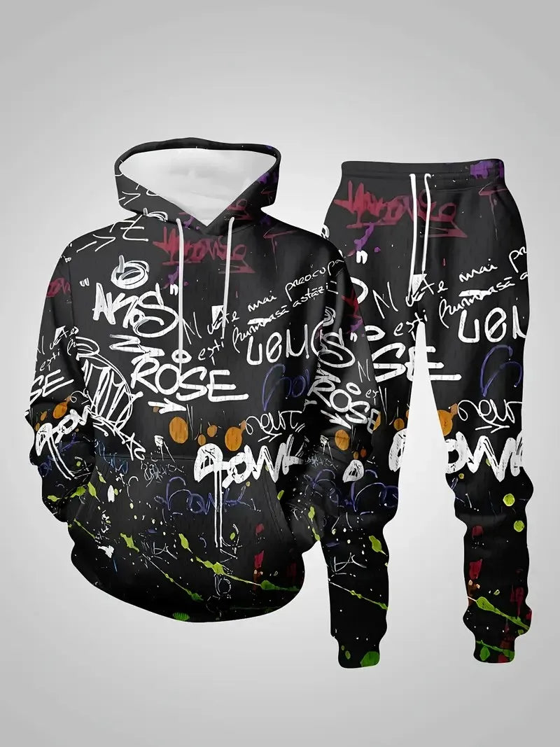 Men's hoodie set features a casual fashionable and comfortable 3D graffiti pattern print