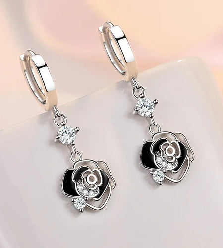 New Trendy 925 Sterling Silver Earrings For Women Vintage Black Hollow Rose Flower