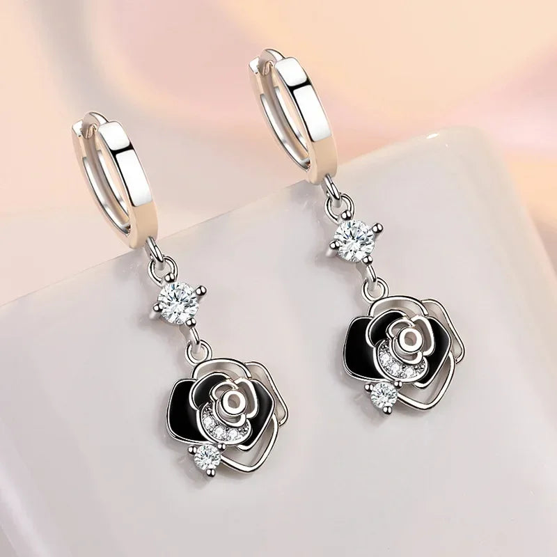 New Trendy 925 Sterling Silver Earrings For Women Vintage Black Hollow Rose Flower