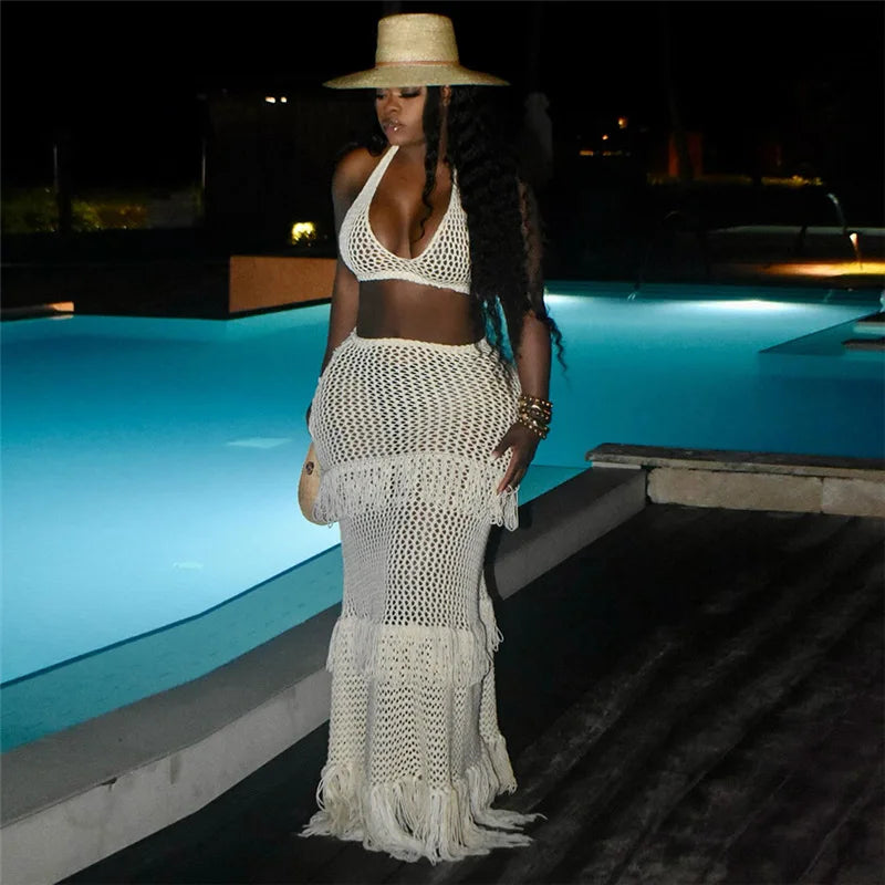 Knitted Crochet 2 Piece Skirt Sets Sexy Ruffle Elegant Fringe Tassel Dress Summer Outfits Crop Top Two Piece Skirt Sets