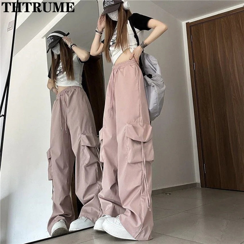 Retro Vintage High Street Baggy Pants Fashion Women Oversized Drawstring Pocket