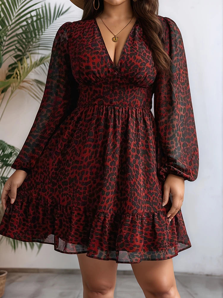 Plus Size 2025 Spring New Women's Sheer Jaguar Printed Double Layers Long Sleeve Dress Polyester Material