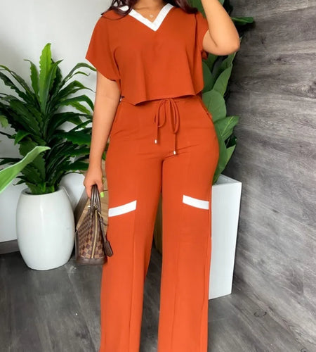 Elegant Women's Casual Short Sleeve T-shirt Sports Suit Summer Fashion Solid V Neck Short Top & Straight Pants Two Piece Sets