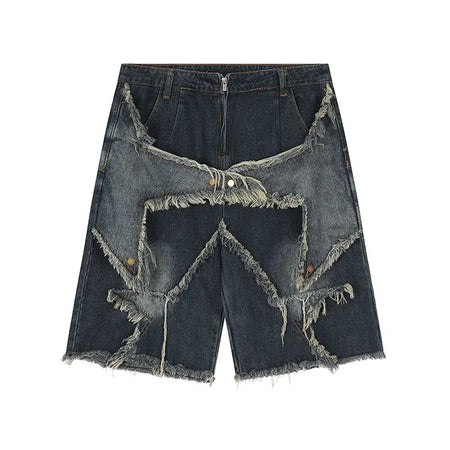 Men's Vintage Tassel Star Denim Shorts Loose Fit Hip Hop Summer Knee-Length Casual Jeans with Rivet Decoration