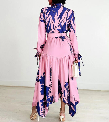 Elegant Dresses for Woman Turn Down Collar Single Breasted Belt Waisted Ankle Length Asymmetric  Dress