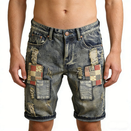 2026 New style Men's summer casual fashion vintage washed denim shorts trendy ripped patchwork vintage style