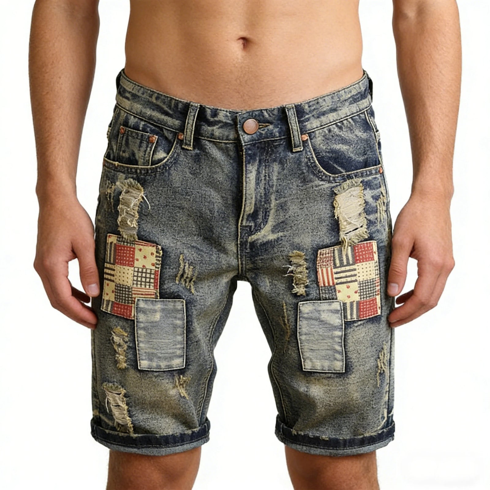 2026 New style Men's summer casual fashion vintage washed denim shorts trendy ripped patchwork vintage style