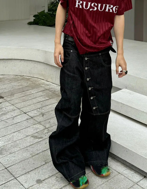 Load image into Gallery viewer, Men's High Street Buckle Curved Jeans Loose Straight Leg Black Wide Leg Casual Hip-Hop Pants Full Length Softener Mid-Waist
