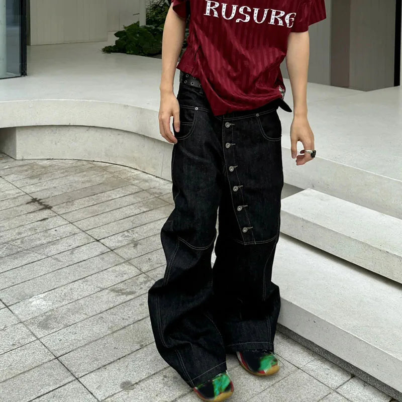 Men's High Street Buckle Curved Jeans Loose Straight Leg Black Wide Leg Casual Hip-Hop Pants Full Length Softener Mid-Waist