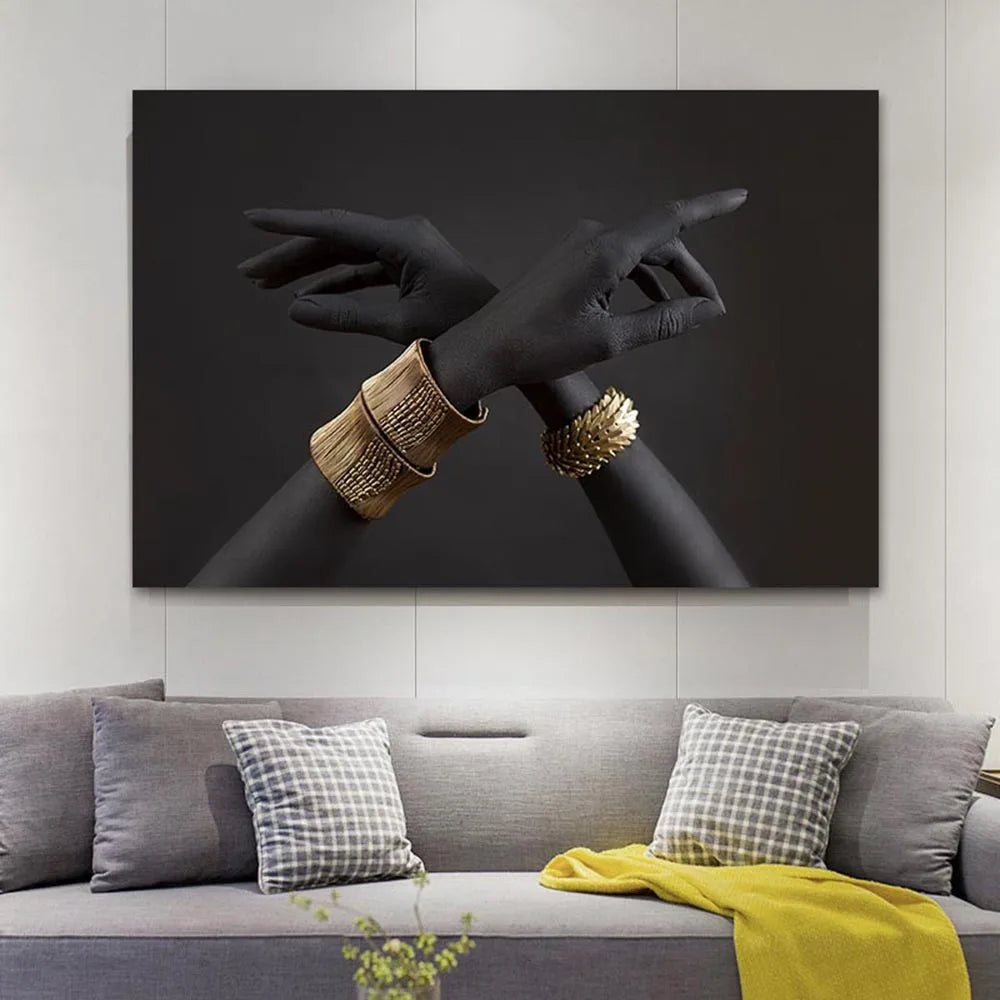 African Art Black and Gold Hand With Gold Gesture Canvas Painting Poster and Prints Wall Art Pictures for Living Room Home Decor