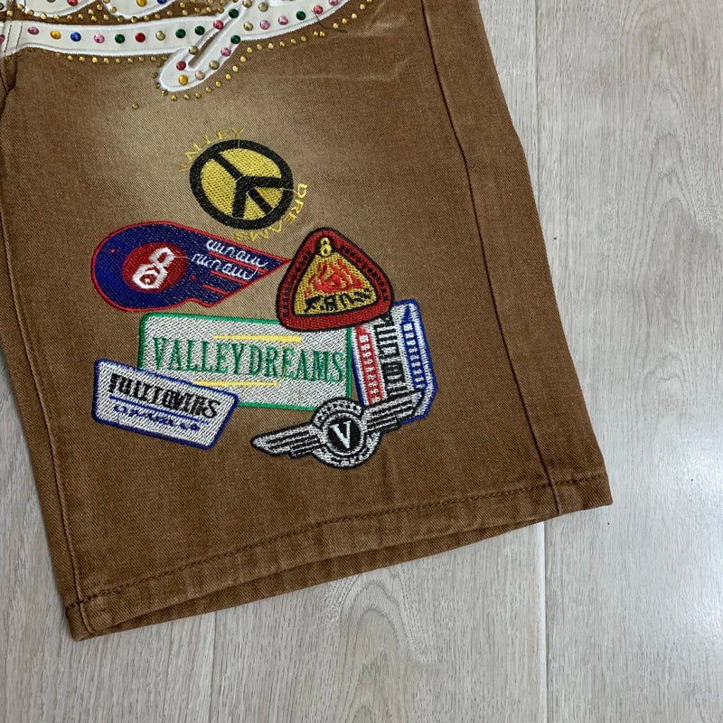 2026 American VALLEY Embroidery Rhinestone Logo Patch Label Denim Shorts Men High Quality Loose Straight Short Jeans