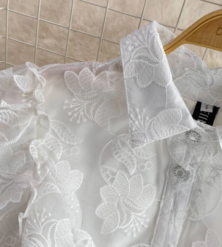 Women's Vintage Lace Gown Mini Dress Turn down Collar Puff Sleeve Single Breasted Elegant above Knee Elegant Office Lady Dress