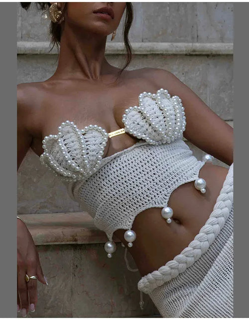 Load image into Gallery viewer, Crochet Knitted Pearl Bra Skirt Set ,Backless Hollow Out Short Top Twists Long Skirt
