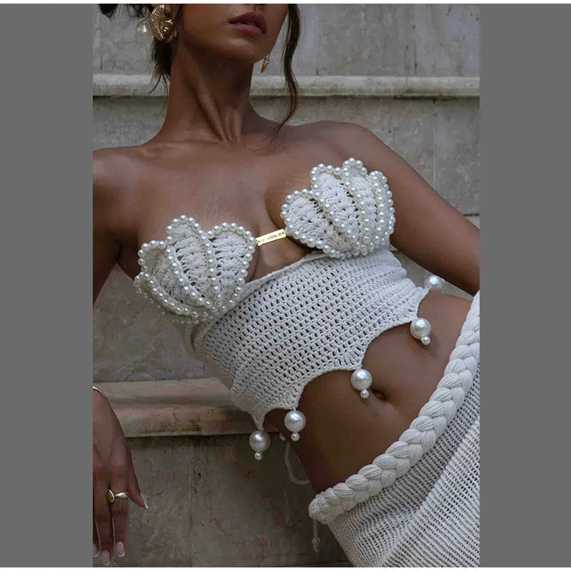 Crochet Knitted Pearl Bra Skirt Set ,Backless Hollow Out Short Top Twists Long Skirt
