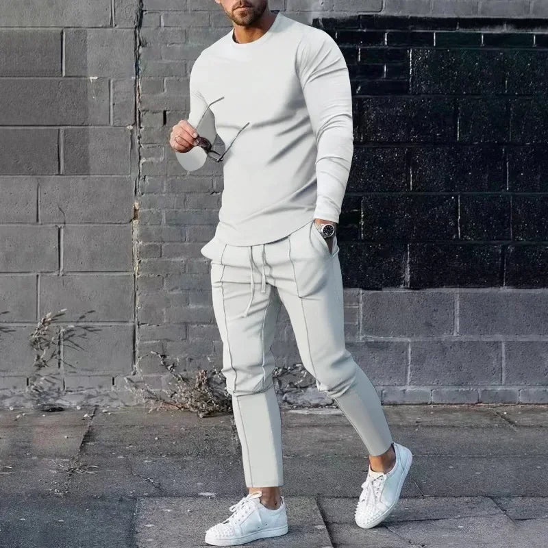 2025 Spring New Men's Casual Sport Two-pieces Fashion Solid Long Sleeve O-neck T-shirt and Sweatpants Suits Men Tracksuit Outfit