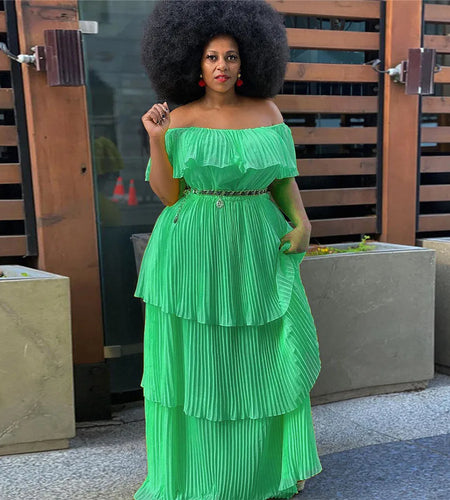 Plus Size  Dress Women Solid Off Shoulder Pleated  Fashion Chiffon Maxi Dresses